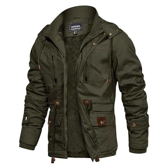 CRYSULLY Military Jacket Field Fleece Cargo Coat Green Removable Hood Sz L Men's - Picture 1 of 11